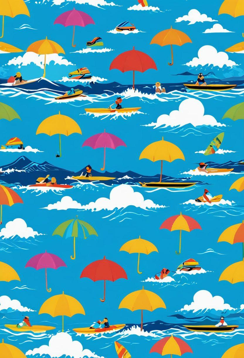 A vibrant beach scene featuring colorful retro beachwear styles from the 80s and 90s, with playful pixel art characters reminiscent of classic video games. Waves crashing in the background, surfboards adorned with nostalgic gaming graphics, and an umbrella styled like an old-school arcade machine. The sky is a bright blue filled with fluffy clouds, evoking a sense of summer joy and nostalgia. super-realistic. vibrant colors. nostalgic retro style.