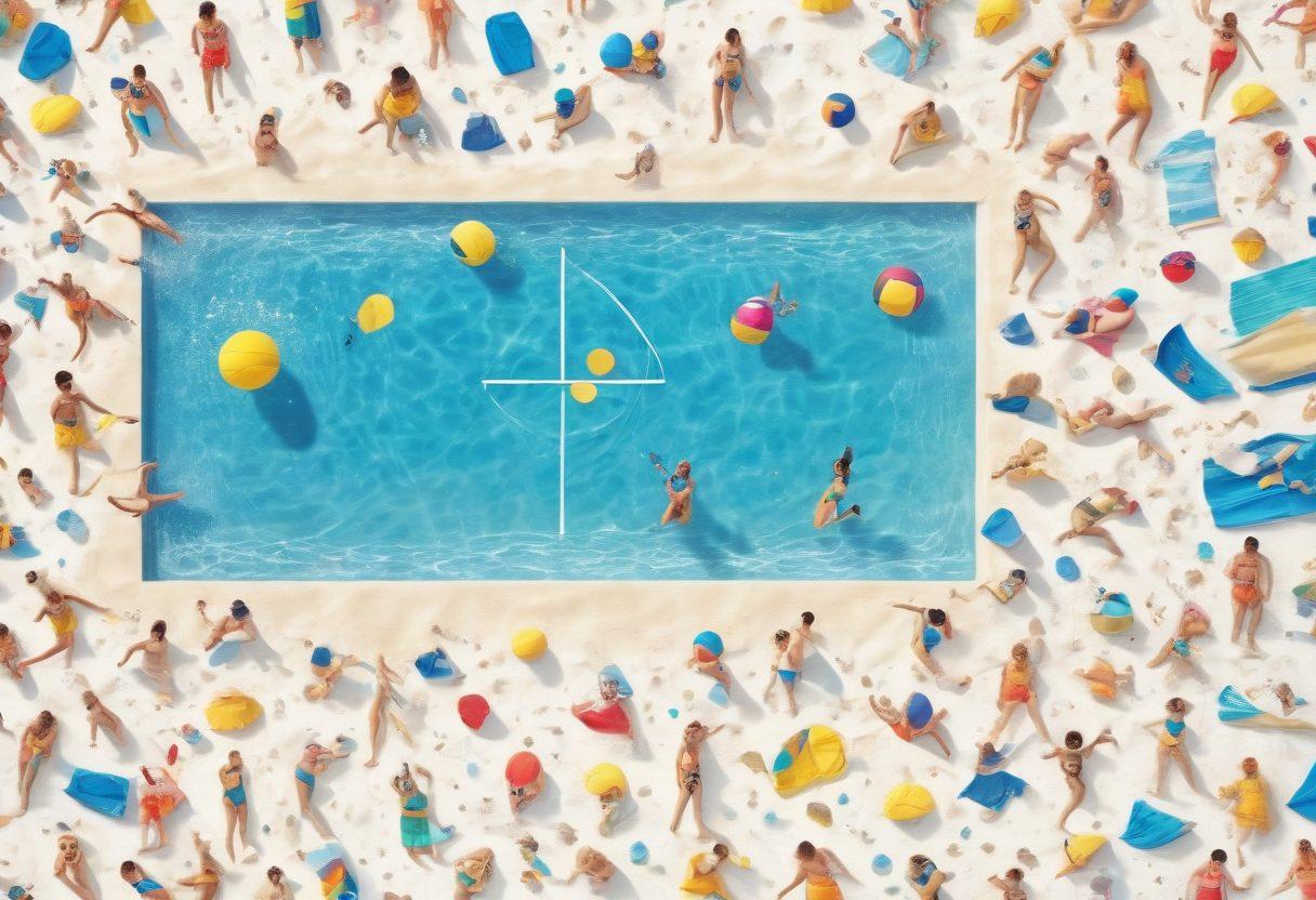 A vibrant collage featuring retro video game characters playing beach volleyball, surrounded by colorful swimwear patterns inspired by classic game graphics. The scene captures the whimsical connection between gaming and summer fashion with pixelated water splashes and playful geometric shapes. Bright, eye-catching colors fill the background, evoking a sense of nostalgia and fun. super-realistic. vibrant colors. white background.