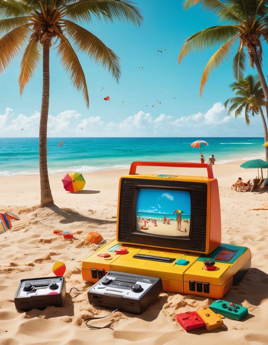A nostalgic beach scene blending vibrant beachwear fashion with vintage gaming elements. Picture sun-kissed sand, colorful beach umbrellas, and retro gaming consoles scattered around, while a playful breeze carries laughter among friends playing games. In the foreground, a thoughtful character gazes at a vintage game cartridge amidst festive beach vibes, reflecting on memories. The contrasting themes of fun and nostalgia interweave beautifully. vibrant colors. nostalgic vibes. super-realistic.